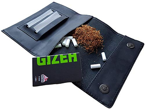 Indian Pearl Echtleder Tabaktasche I gratis GIZEH Doppelpapers I Handgemachter Tabakbeutel I Drehertasche leder, Tobacco pouch, Drehbeutel, Drehtabak I Schwarz
