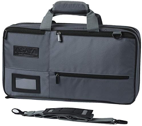 Asaya Chef Knife Bag - 28 Pockets for Knives and Kitchen Utensils - Durable Ballistic Nylon, Black Stainless Steel Hardware, Card Holder and Adjustable Shoulder Strap - Knifes not Included