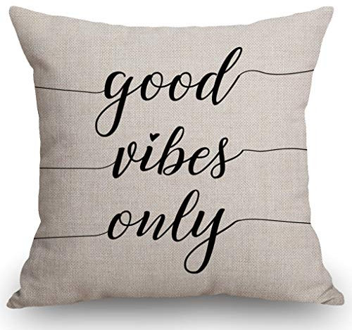 SSOIU Überwurf-Kissenbezug – Good Vibes Only – Schwarz-weißer Kissenbezug – Zitat Dekoration Baumwolle Leinen Zuhause dekorativer Wurfkissenbezug für Sofa Couch, 45,7 x 45,7 cm