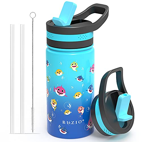 BUZIO Borraccia Termica, 400 ml Borraccia Termica con Cannuccia, Bambino Bottiglie termos in acciaio inox isolate sottovuoto per bambini senza BPA, Squalo Blu