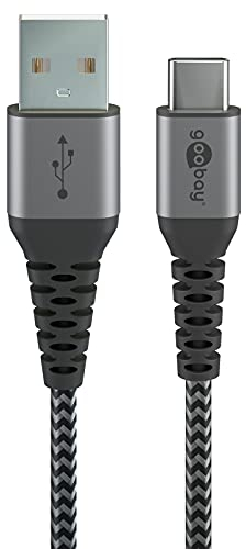 Goobay 49297 Schnellladekabel USB C auf USB A 60W 20V / Extrem robustes Textilkabel / 480 Mbits Ladekabel USB C / Schnellladekabel Samsung USB C Kabel 2m / Stoffkabel Grau / 2m