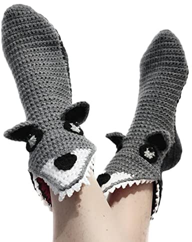 L&ieserram Lustige Socken Gestrickte Drachen Krokodil Tier dick Gestrickt Warme Bodensocken Skurrile Alligator Strickmanschette Winter Kuschelsocken (Wolf, Erwachsene), Einheitsgröße