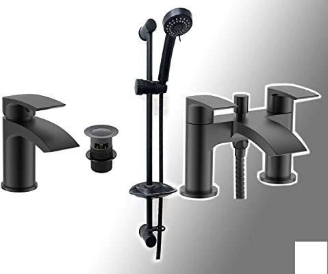 Trade In Post Basin Mono & Bath Shower Mixer Tap & Shower Slider Rail Kit Matt Black Bathroom Taps