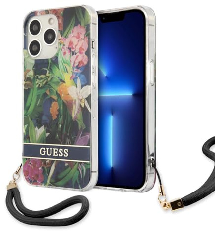 GUESS GUHCP13LHFLSB Hard Case for iPhone 13 Pro / 13 6.1 Inch Blue Flower Strap