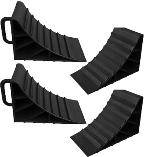 Wheel Chocks With Handles Set of 4 Tyre Saver Brake Stoppers Ridged Wedges for Cars Caravan Horsebox Motorhome (4 Black Wheel Chocks)