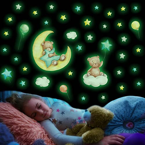 Leuchtsterne Wandtattoo Kinderzimmer Deko, Kleiner Bär Leuchtender Wandaufkleber für Kinder Schlafzimmer, Babybär Leuchtsticker Wandsticker, Leuchtmond Wanddeko Geschenk für Babyzimmer Mädchen Jungen