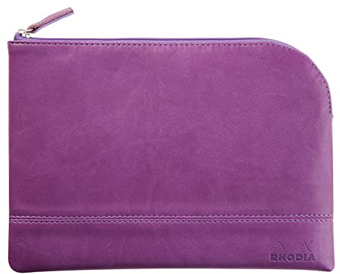 RHODIA 116640C - Faux Leather Zipped Pouch - Purple - Size M (16 x 22 cm) - Genuine Stitching - Orange Fabric Inside - Storage for Documents, Small Supplies