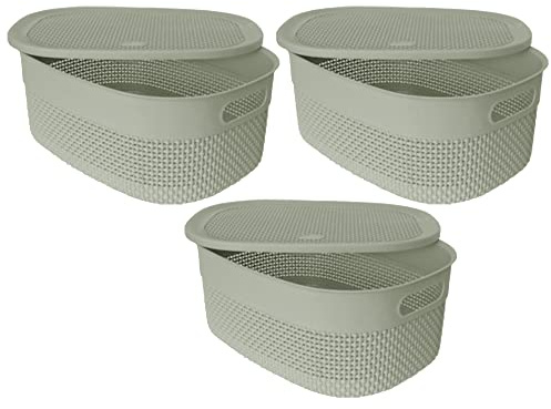 Green- 14L Litre Large Storage Baskets with Lid Stackable Containers with Handles Handy Plastic Storage Boxes Oval Knit Design Basket Home, Office, Kitchen Household Ornaments- (Set of 3)