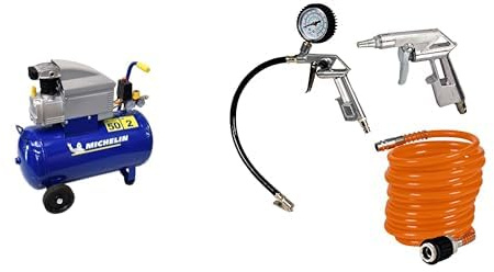 Michelin Compresseur à Air MB 5020, Compresseur à Air 50-Litres, Pression Max. 8 bars & Einhell Kit d'accessoires pour compresseur - 1 pistolet de soufflage, 1 manomètre de gonflage, 1 tuyau de 5m