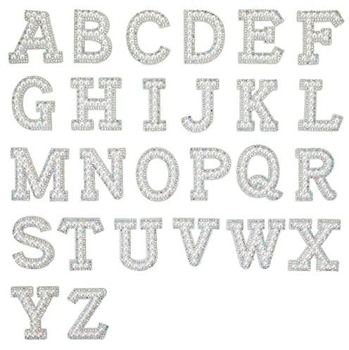 Yolev 26pcs Iron on Letter A-Z Pearl Rhinestone English Letter Patches Pearls Rhinestone Pearl Bling Letter Applique Patches Sew Embroidered Patches, Alphabet Patches for Clothing