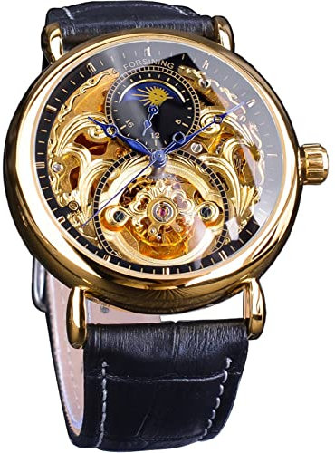 FORSINING Luxuriöse Herren-Armbanduhr mit Mondphase und Tourbillon, Retro-Skelett, hohl, selbstaufziehend, mechanische Armbanduhr, Ledergürtel, Automatik-Uhrwerk, Herrenuhren, Goldfarben / Schwarz