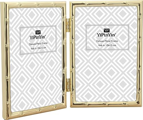 YiPinYin Doppel-Bilderrahmen mit Bambus-Details, goldfarbenes Metall-Bilderrahmen, 15.2x10.2 cm, 10.2x15.2 cm, mit weicher Samtrückseite und Echtglas für den Schreibtisch