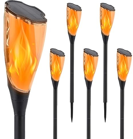 ZWOOS Solarfackeln für Außen flackernd, ganze Nacht beleuchten, Gartenfackeln mit realistischen Flammen, IP65 wasserdicht Solarlampen für Außen, Terrasse, Weg, Garten (6 Stück)
