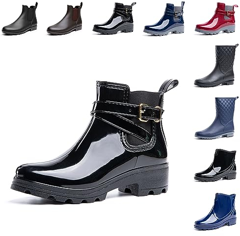 Hitmars Stivali Pioggia Donna Stivaletti Gomma Giardini Chelsea Bassi Lavoro Antiscivolo Ankle Boots Nero 37 EU