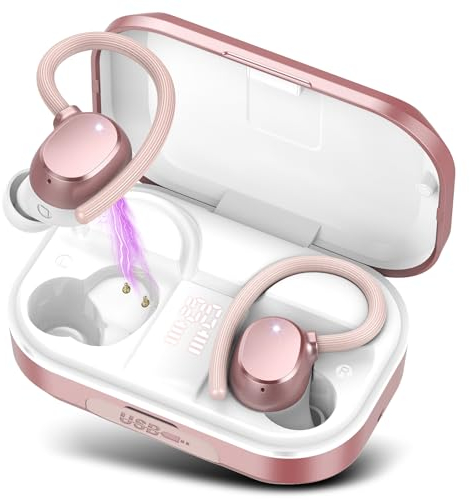 Bluetooth Kopfhörer Sport, Kabellos 5.3 mit HD Mic, 120 Stunden Spielzeit LED-Anzeige, Deep Bass, IP7 Wasserdichte Ohrhörer mit Ohrhaken für Arbeit Studium Rose