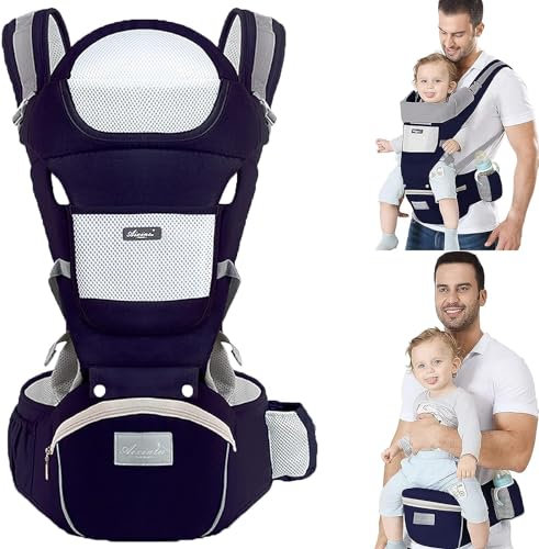 TOFFCAEA Multifonction Porte Bébé Randonnée 6 en 1 avec Siège à Hanche, Ergonomique, Ajustable, pour les Bébés et les Enfants de 3 à 36 Mois(3.5 à 20 kg) (Bleu marine Tour de taille 71-130cm)