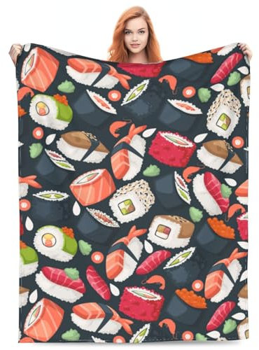 Sushi-Decke, japanischer Stil, Fleecedecke für Bett, Couch, Sofa, Kawaii-Essen, Überwurf, Decke, niedlich, japanische Sushi-Liebhaber, Plüsch-Überwurf, Decke, Zimmer, Sushi-Dekoration, Geschenke, 127
