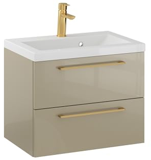 Furni Rosen 60 cm Hängend Waschbecken mit Unterschrank und Gebürsteten Goldenen Griffen Waschbeckenunterschrank Badezimmer Waschtisch mit Unterschrank Waschtischunterschrank