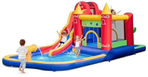 COSTWAY Inflatable Water Park, Kids Bouncy Castle Jumper House with Slide, Climbing Wall, Splashing Pool, Blowup Waterslides for Kids Aged 3-10 Years Old (7 in 1)