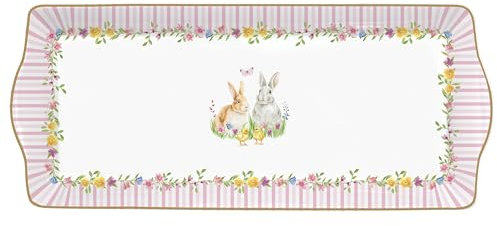 MamboCat Happy Easter Kuchenplatte rechteckig I Platte mit Osterdekor I Servierplatte für Topfkuchen, Plätzchen, Biskuitrolle für die Feiertage I Kuchenplatte mit Hasen, Küken, Blumen & Co.
