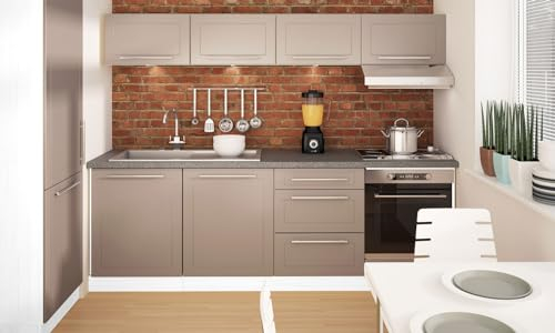 Feldmann Preiswert Wohnen Singelküche KVANTUM Küchenzeile 240cm weiß Fronten MDF beige matt Teilauszug