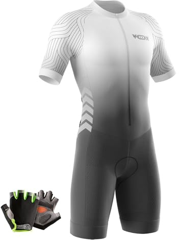 Herren Fahrrad Skinsuit,Kurzarm-Radsportanzug,Gepolstert einteilig Trisuit Bike Short Trisuit Einteiler für Wettkampf,+Halbfinger Sommer Fahrradhandschuhe