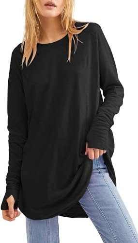 Cuptacc Langarmshirt Damen Tshirt Rundhals Langarm Lässig Tuniken Mit Daumenloch Basic Top Mode Schwarz,Mittel M 38-40