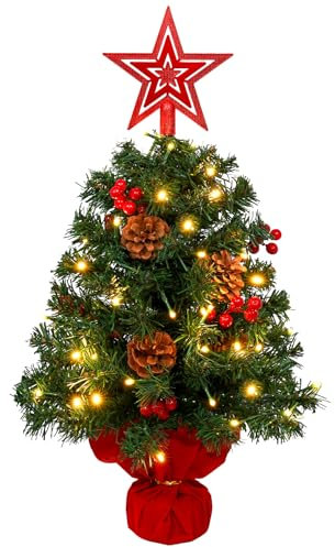 AGM 60 cm Tisch Weihnachtsbaum Klein mit 50 LEDs Lichterketten Deko 42 Rote Beeren 6 Tannenzapfen 24inch Künstlicher Christbäume für Weihnachts Dekoration, 1 fünfzackiger Stern Oben