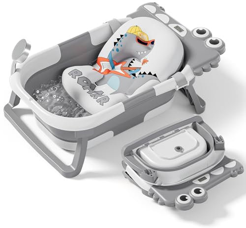 Bañera plegable para bebé recién nacido, bañera plegable de cocodrilo con termómetro, cojín flotante suave y agujero de drenaje, bañeras portátiles de viaje para recién nacidos a niños pequeños de 0 a