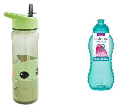 Star Wars Mandalorian 600ml Kids Water Bottles With Straw & Sistema Twist 'n' Sip Squeeze Kids Water Bottle For School | Leakproof Plastic Water Bottle | 330 ml