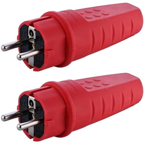 Spina in Gomma, Spina 230V, 16A, IP44, Spina Impermeabile, Spina Antirottura, Spina con Contatto di Protezione, Spina Schuko con Contatto di Protezione con Guaina Antipiega, Rosso, 2 Pezzi