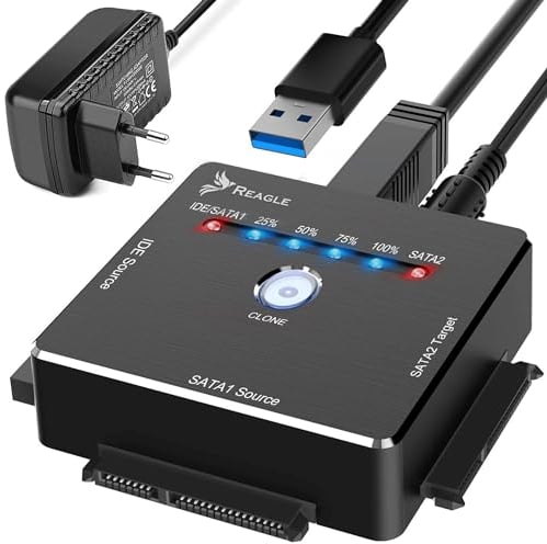 Reagle USB zu SATA IDE Adapter – 16TB HDD/SSD Klonstation, SuperSpeed USB 3.2, Hot-Swapping, Kompatibel mit 2.5” und 3.5” Festplatten, Windows/Mac OS Unterstützung