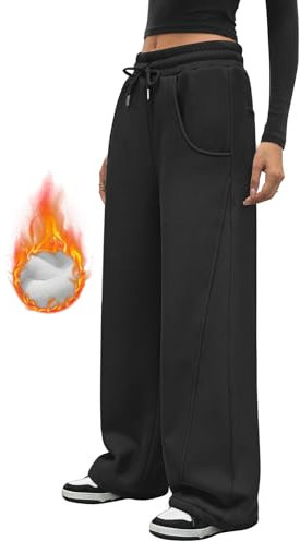 Voqeen Womens Fleece Lined Joggers Pants Winter Thermal Sweatpants Wide Leg Tracksuit Bottoms with Pockets Warm Baggy Trousers Solid Jogging Bottoms for Ladies Casual Lounge Wear Black