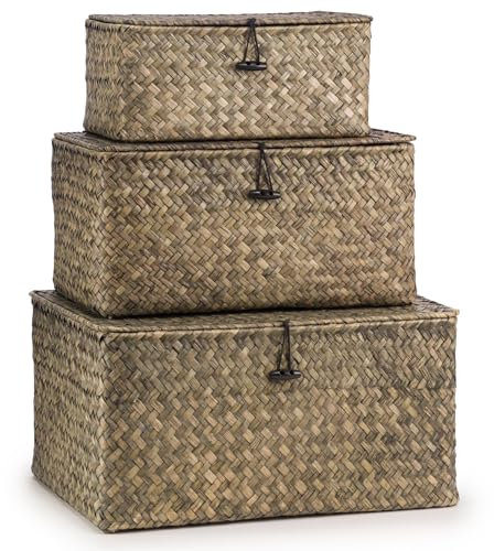 Woodluv Set of 3 Seagrass Storage Box with Lid, Lightweight Woven Basket for Shelves, Lidded Organiser Hamper Baskets, Green