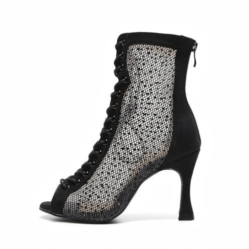 HROYL Scarpe da Ballo Donna Punta Aperta Stivali da Ballo Latino Salsa Bachata con Strass DS7180-Nero-8.5cm-S,EU 38.5