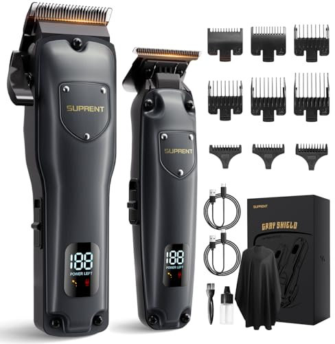 SUPRENT Haarschneidemaschine Set für Herren, Schnurlose Haarschneider Pflegesets, Friseur-Haarschere mit LED-Anzeige, Präzisions Haartrimmer Bartschneider für Männer (Grau)