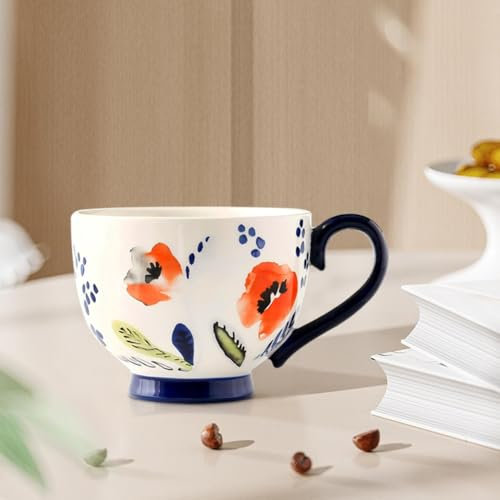 DiiWmme Tazza da tè in ceramica, 450 ml, simpatica, fatta a mano, con fiori, per la colazione, per tè, bevande calde, cioccolato, caffè, latte (Kapok)