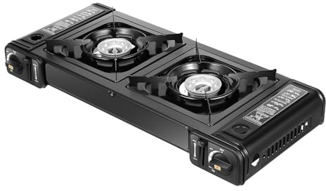 Tagtuell Hornillo de gas para camping, 2 fuegos con bandeja de barbacoa y maletín de almacenamiento, estufa de gas para camping, exterior, coche, caravana