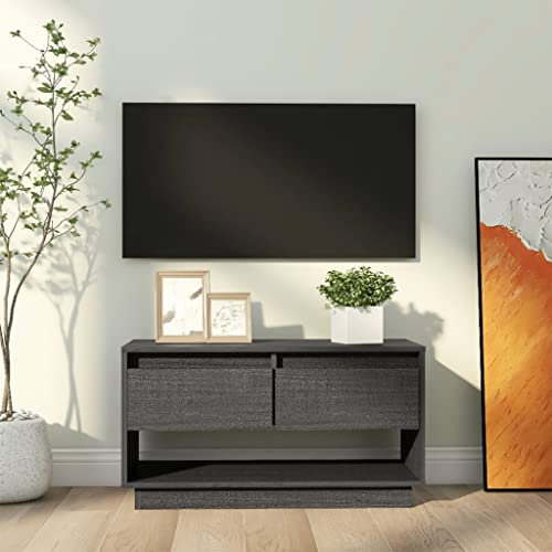 Baziroo Mueble de TV de madera maciza de pino gris, 74 x 34 x 40 cm, aspecto sencillo, mesa de salón, mesa de TV, mucho espacio para revistas, muebles de TV, placa superior estable para presentar
