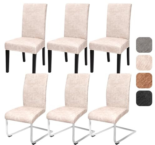 Alishomtll Sämischleder Stuhlhussen 4er/6er Set Vintage PU Stretch Stuhlbezug Elastische Universal Esszimmer Stuhlbezüge Abnehmbar Waschbar Stühle Schutz für Küche Restaurant Hotel (Beige, 6 Stück)