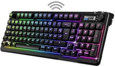 Spirit of Gamer - Elite K60, Clavier Gamer Semi-Mécanique Sans Fil et Bluetooth Rechargeable, Autonomie 360h, Connexion 2.4 GHZ, Ecran LCD, 15 Effets Rétroéclairage RGB, 19 Touches Anti-Ghisting, Noir