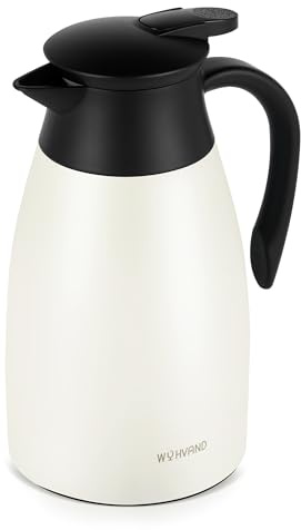 WYHVAND Thermoskanne 1,5 l aus Edelstahl, Isolierkanne, Cremefarben | Hält lange warm oder kalt, staub- und auslaufsicherer Deckel, Einhandbedienung per Druckknopf, ideal für Zuhause und Büro