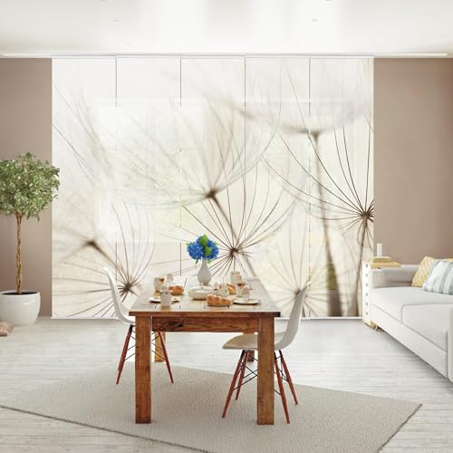micasia Schiebegardine halbtransparent 60er Paneel Klett Blumen Textil lichtdurchlässig - Gräser Vintage Flächenvorhang Weiss Wohnzimmer Schlafzimmer 1595 (300x250 cm - 5er Set)