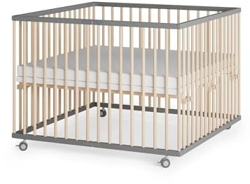 Sämann Laufstall faltbar Baby 100x100 cm mit Cloud Air Matratze | stufenlos höhenverstellbar | Laufgitter Premium | Babybett aus Holz | Krabbelgitter grau/natur