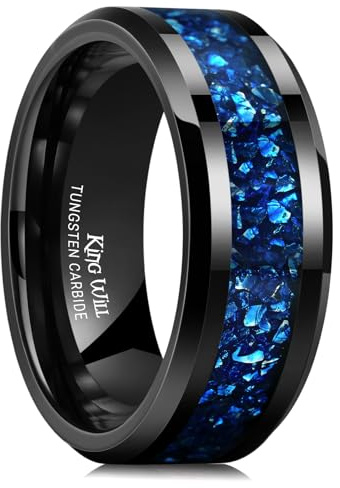King Will Ehering aus Wolframkarbid für Männer – 8 mm schwarzer, hochglanzpolierter Ehering mit blau-grünem Sand-Inlay für den Alltag, bequemer Sitz für Herren, Größe 54–70 (17–22)