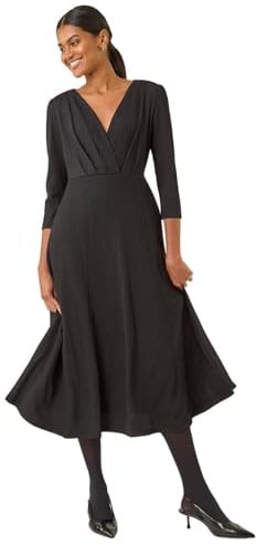 Roman Originals Textured Wrap Midi Dress for Women UK - Ladies Everyday Autumn Winter V-Neckline Comfy Soft Evening Vacation Work Party Night Out - Black - Size 20
