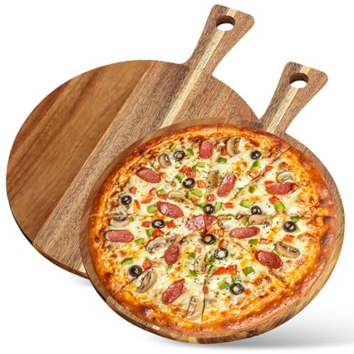 Set di 2 piatti per pizza, in legno, rotondi, 30 cm, con manico, per pizza, pane, formaggio, torte e torte
