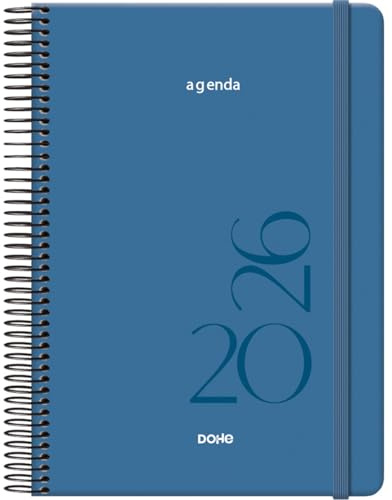 Dohe - Agenda 2026 - Tagesansicht, Größe A5 (14x20 cm), Spiralbindung und Gummiband, 12 Monate Januar bis Dezember, Jahresplaner auf Spanisch - Montana Blau