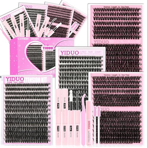 YIDUO 4 Styles Lash Clusters Kit 60D+80D+100D+150D Fluffy Clusters Lashes Extensions Kit with 2 Bond and Seal 10-18mm Wispy D Curly Full DIY Individual Eyelash Extensions Kit DIY at Home Easily