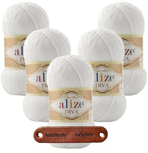 ALIZE 5 x 100g Diva 55 White Premium Wolle seidiges Microfaser Garn für Stricken & Häkeln von Sommermode Kleidern Cardigans und Accessoires mit mySearose Label